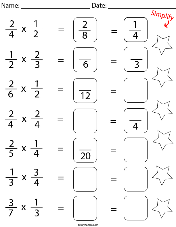 Multiply and Simplify the Fractions Math Worksheet - Twisty Noodle